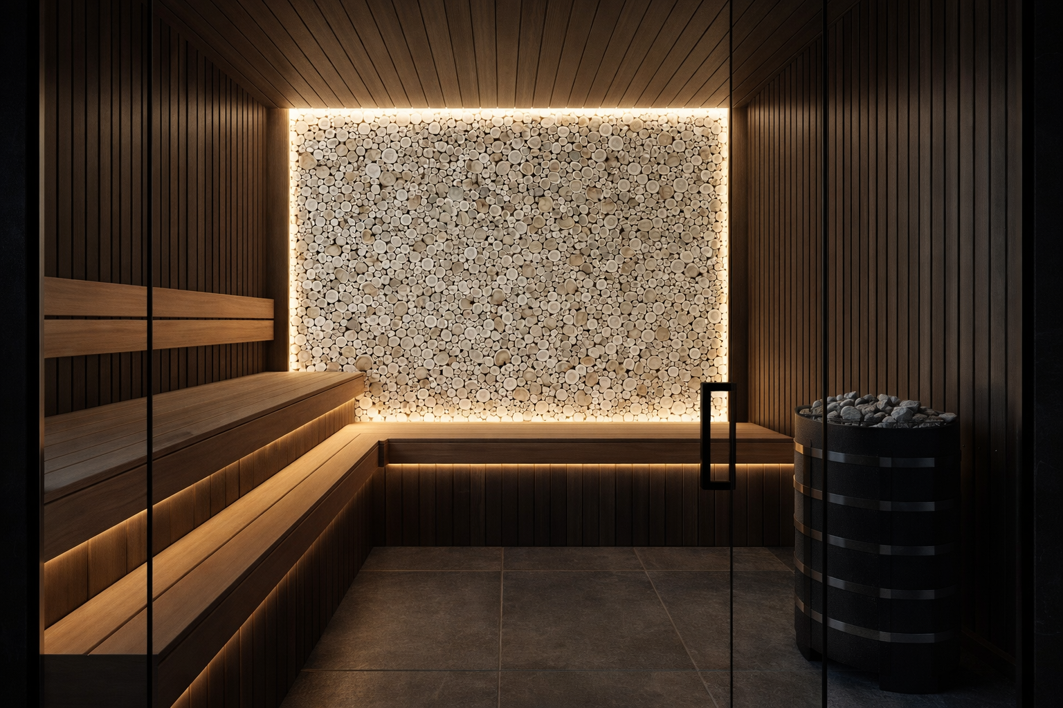 Custom-sized juniper panels for sauna interiors